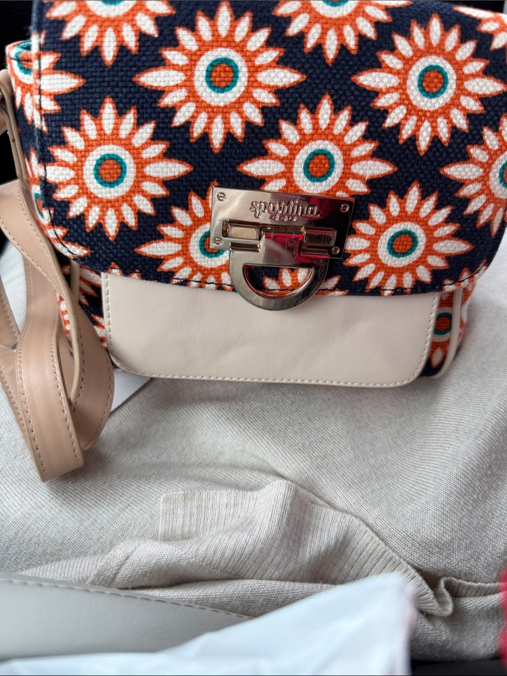 Spartina brand  Navy and Cream Crossbody Bag with Beige Strap